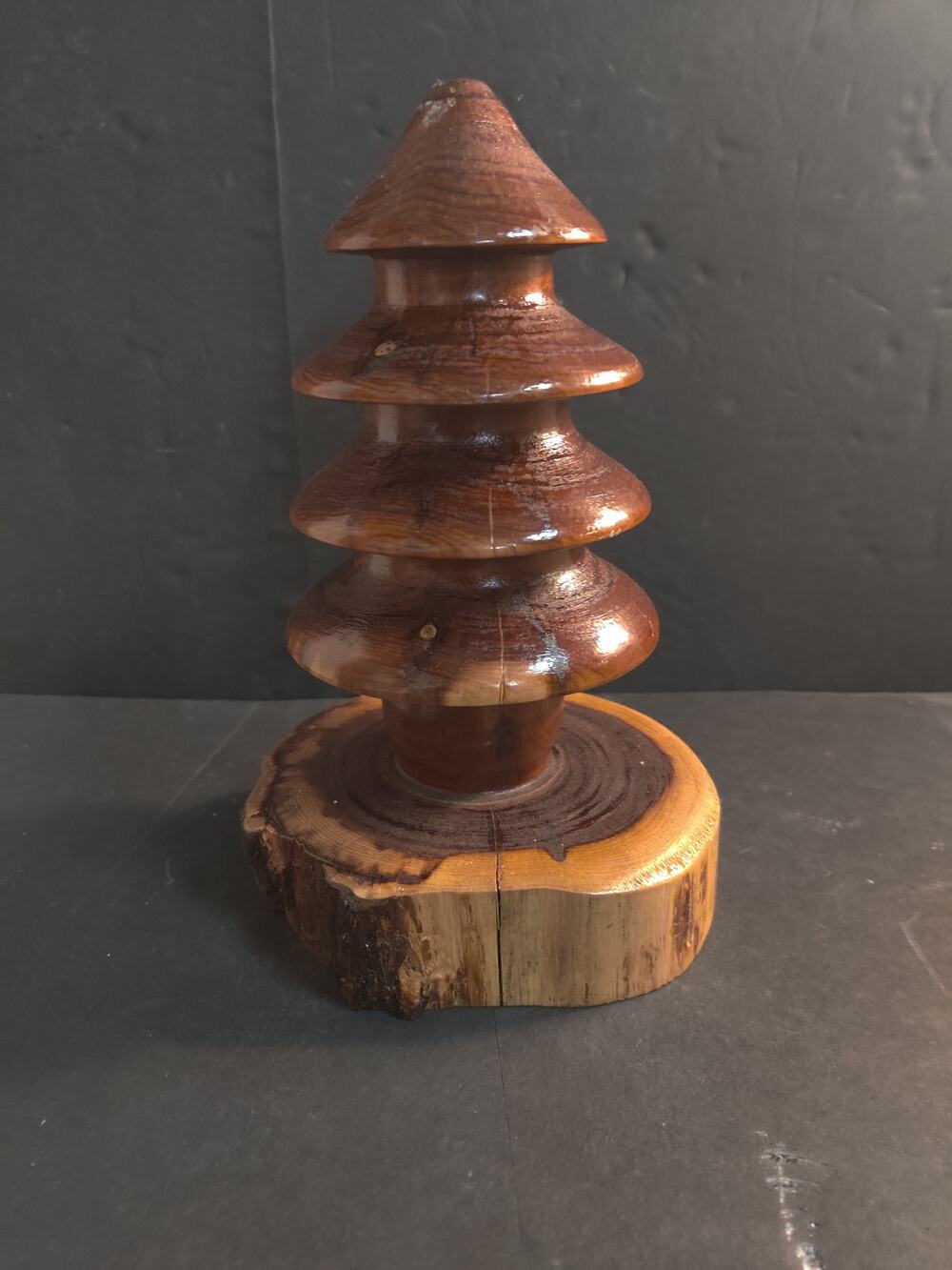 Vintage Handcrafted Wooden Christmas Tree Folk Art Live Edge Base